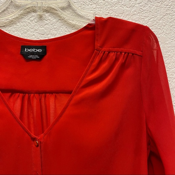 BEBE Red Chiffon Button Up V-neck Slit Sleeve Blouse XS - Picture 5 of 9